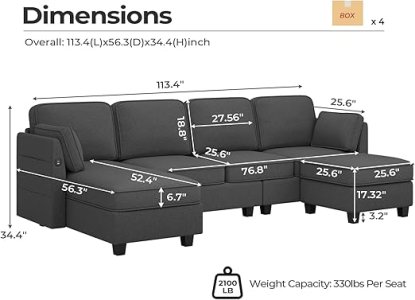 Hasuit 113'' Sectional Sofa with Storage Seats, U Shaped Convertible Sofa Couch with Large Reversible Chaise, Comfy Chenille Sofa with USB, Modular Sectional Sofa Couches for Living Room, Dark Grey
